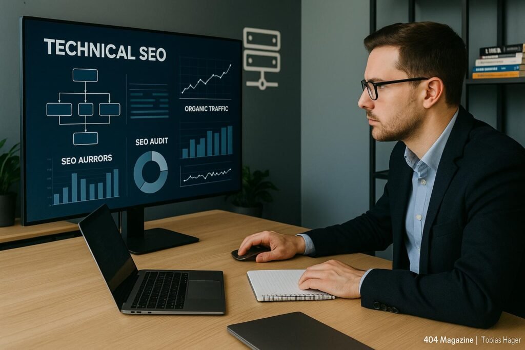 Ein SEO-Experte in Business-Kleidung vor einem großen Bildschirm mit technischen SEO-Diagrammen und Website-Analysen, umgeben von Notizblöcken und Laptops, im Büro mit Regalen und Server-Icons im Hintergrund.