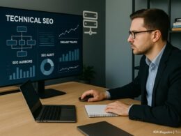 Ein SEO-Experte in Business-Kleidung vor einem großen Bildschirm mit technischen SEO-Diagrammen und Website-Analysen, umgeben von Notizblöcken und Laptops, im Büro mit Regalen und Server-Icons im Hintergrund.