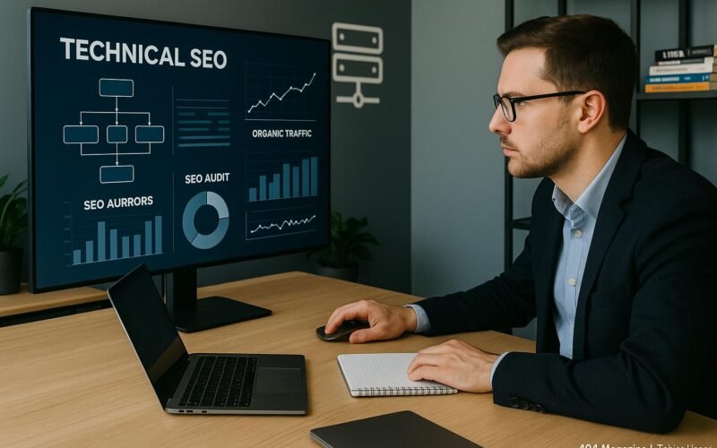 Ein SEO-Experte in Business-Kleidung vor einem großen Bildschirm mit technischen SEO-Diagrammen und Website-Analysen, umgeben von Notizblöcken und Laptops, im Büro mit Regalen und Server-Icons im Hintergrund.