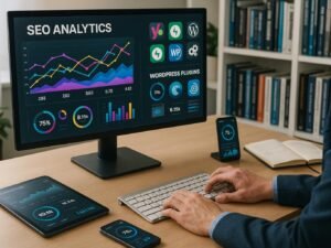 Moderner Arbeitsplatz mit Monitor, technischen Geräten und Notizbüchern, zeigt SEO-Analysen und Webentwicklung im Büro