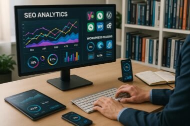 Moderner Arbeitsplatz mit Monitor, technischen Geräten und Notizbüchern, zeigt SEO-Analysen und Webentwicklung im Büro