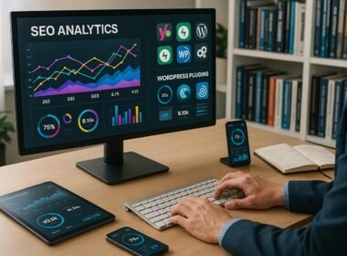 Moderner Arbeitsplatz mit Monitor, technischen Geräten und Notizbüchern, zeigt SEO-Analysen und Webentwicklung im Büro