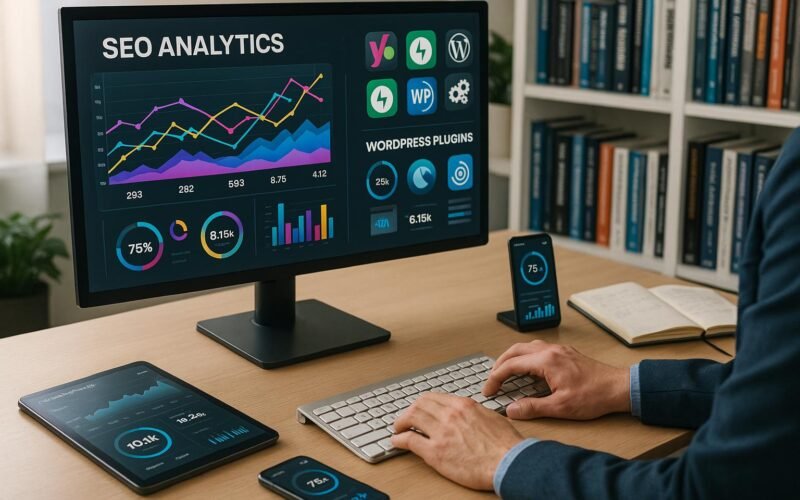 Moderner Arbeitsplatz mit Monitor, technischen Geräten und Notizbüchern, zeigt SEO-Analysen und Webentwicklung im Büro