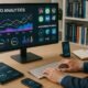 Moderner Arbeitsplatz mit Monitor, technischen Geräten und Notizbüchern, zeigt SEO-Analysen und Webentwicklung im Büro