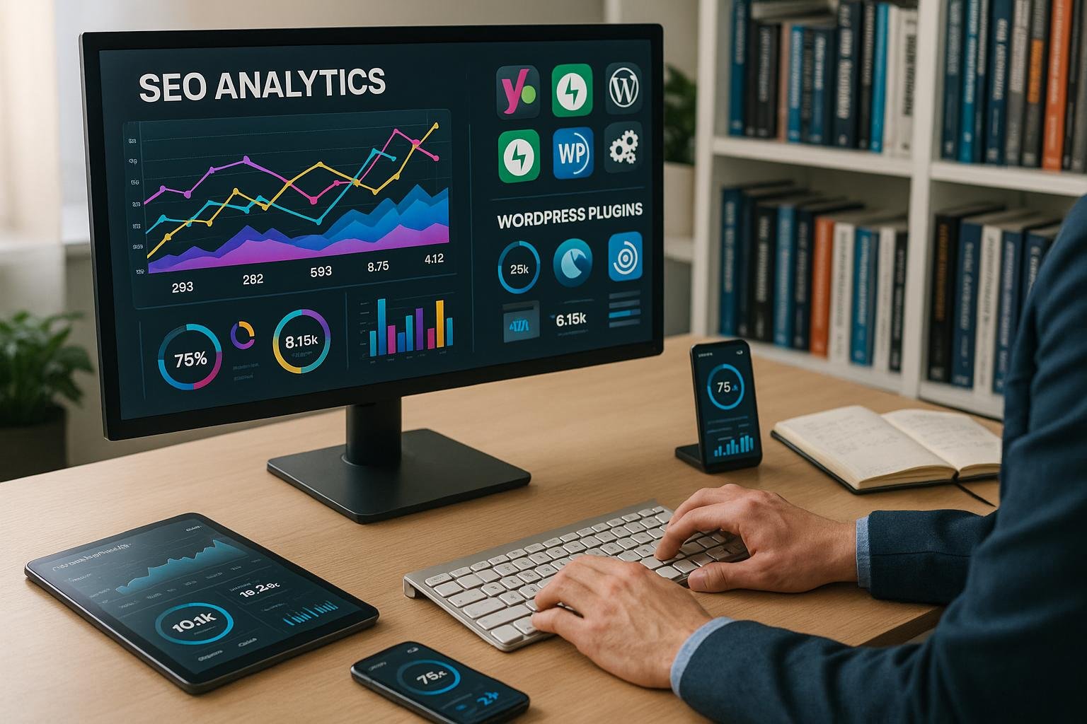 Moderner Arbeitsplatz mit Monitor, technischen Geräten und Notizbüchern, zeigt SEO-Analysen und Webentwicklung im Büro