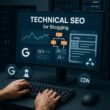 Moderne Computer-Workstation mit Analytics-Dashboard, Entwickler tippt auf Tastatur, Serverracks im Hintergrund, symbolisiert technische SEO-Optimierung für Blogs