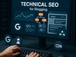 Moderne Computer-Workstation mit Analytics-Dashboard, Entwickler tippt auf Tastatur, Serverracks im Hintergrund, symbolisiert technische SEO-Optimierung für Blogs