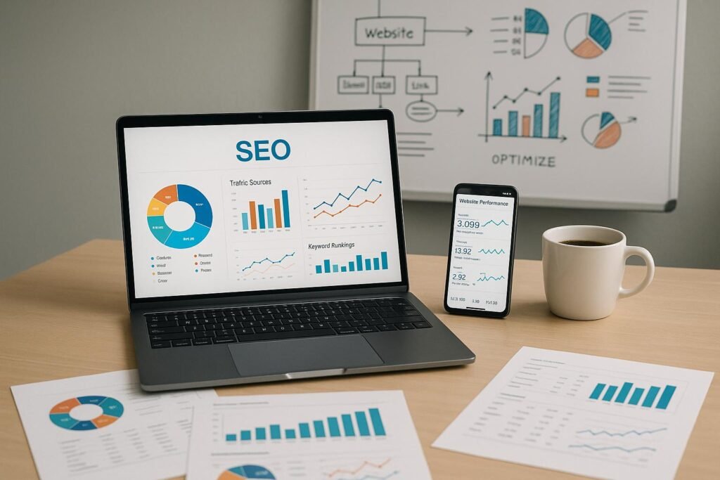 Moderner Arbeitsplatz mit Laptop, Analytics-Berichten, Smartphone, Kaffee und Whiteboard zur Website-Optimierung, Bildcredit: 404 Magazine (Tobias Hager)