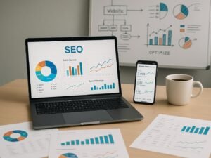 Moderner Arbeitsplatz mit Laptop, Analytics-Berichten, Smartphone, Kaffee und Whiteboard zur Website-Optimierung, Bildcredit: 404 Magazine (Tobias Hager)
