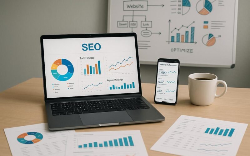 Moderner Arbeitsplatz mit Laptop, Analytics-Berichten, Smartphone, Kaffee und Whiteboard zur Website-Optimierung, Bildcredit: 404 Magazine (Tobias Hager)