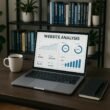 Modernes Arbeitsumfeld mit Laptop, Kaffee, Notizbuch und Bücherregalen im Hintergrund, Schwerpunkt auf technischer SEO-Arbeit.