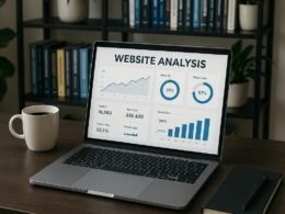 Modernes Arbeitsumfeld mit Laptop, Kaffee, Notizbuch und Bücherregalen im Hintergrund, Schwerpunkt auf technischer SEO-Arbeit.