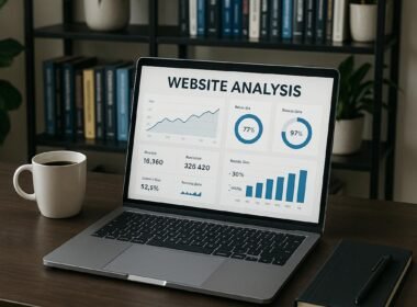 Modernes Arbeitsumfeld mit Laptop, Kaffee, Notizbuch und Bücherregalen im Hintergrund, Schwerpunkt auf technischer SEO-Arbeit.