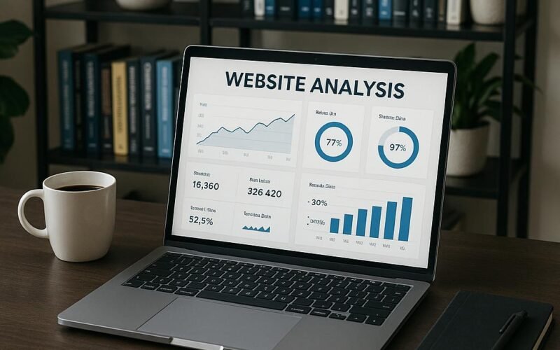 Modernes Arbeitsumfeld mit Laptop, Kaffee, Notizbuch und Bücherregalen im Hintergrund, Schwerpunkt auf technischer SEO-Arbeit.