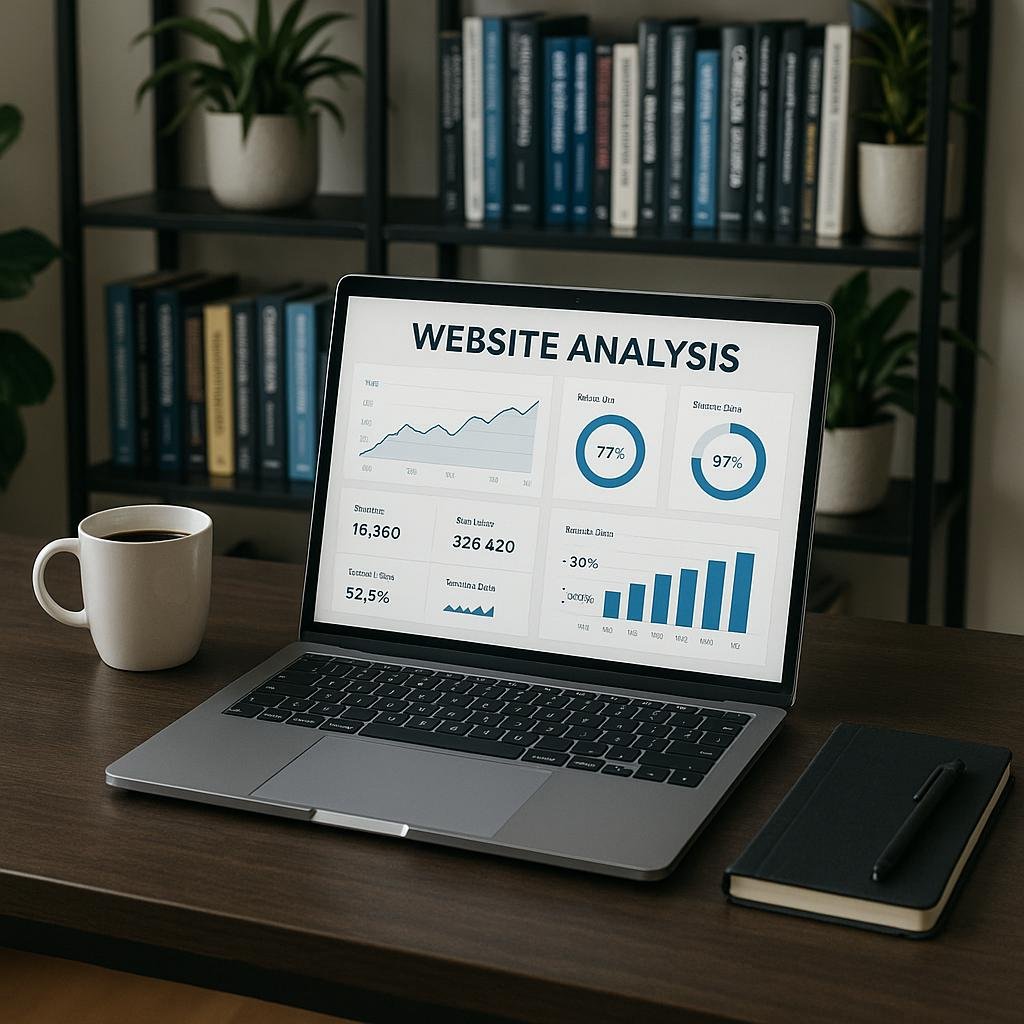 Modernes Arbeitsumfeld mit Laptop, Kaffee, Notizbuch und Bücherregalen im Hintergrund, Schwerpunkt auf technischer SEO-Arbeit.