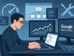 Entwickler arbeitet in einem modernen Workspace mit technischen Elementen wie Code, Diagrammen und Website-Statistiken, unterstützt durch Grafiken zu Speed-Boosts, Web-Architektur und Google Search Console.