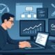 Entwickler arbeitet in einem modernen Workspace mit technischen Elementen wie Code, Diagrammen und Website-Statistiken, unterstützt durch Grafiken zu Speed-Boosts, Web-Architektur und Google Search Console.