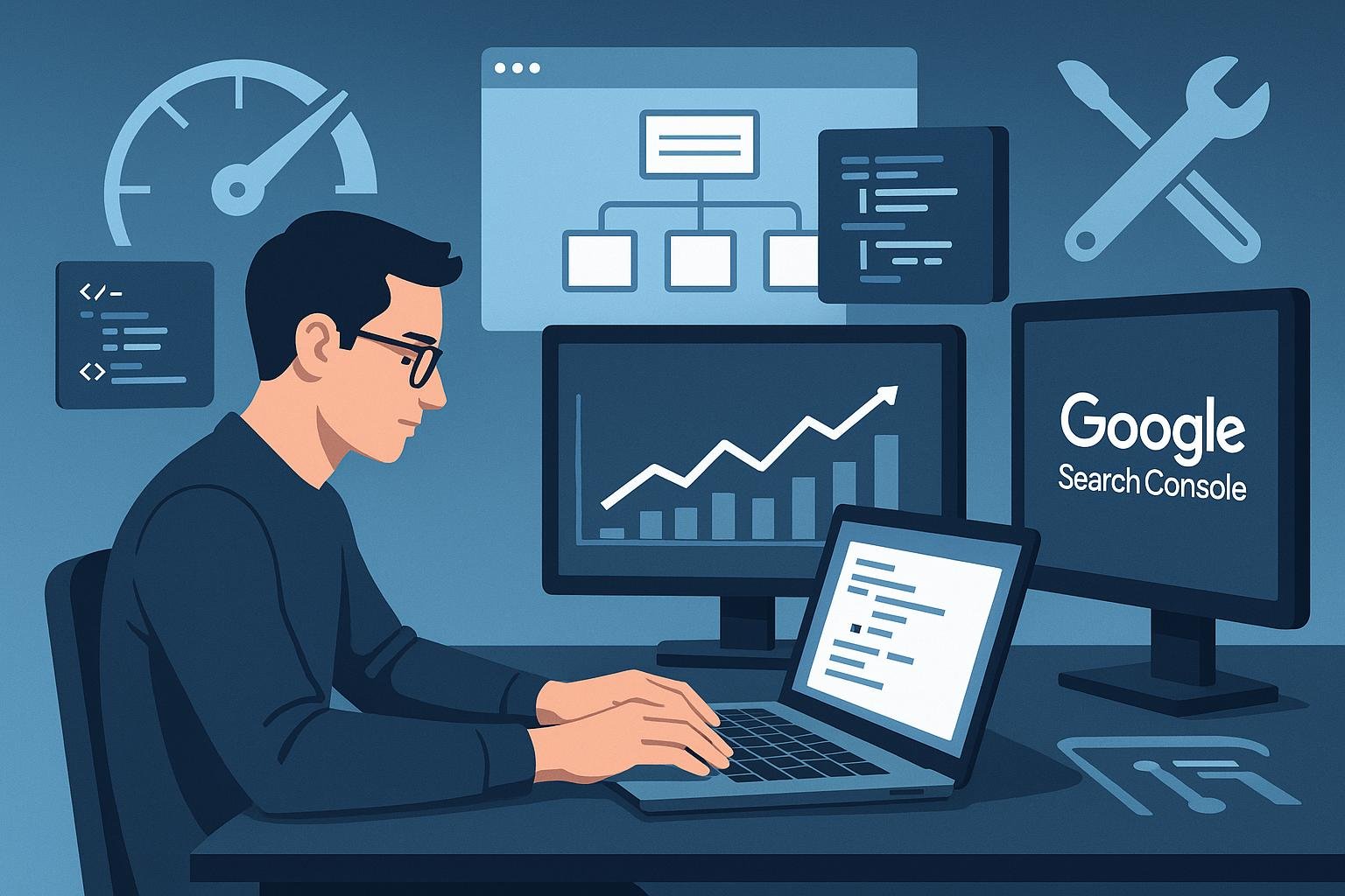 Entwickler arbeitet in einem modernen Workspace mit technischen Elementen wie Code, Diagrammen und Website-Statistiken, unterstützt durch Grafiken zu Speed-Boosts, Web-Architektur und Google Search Console.