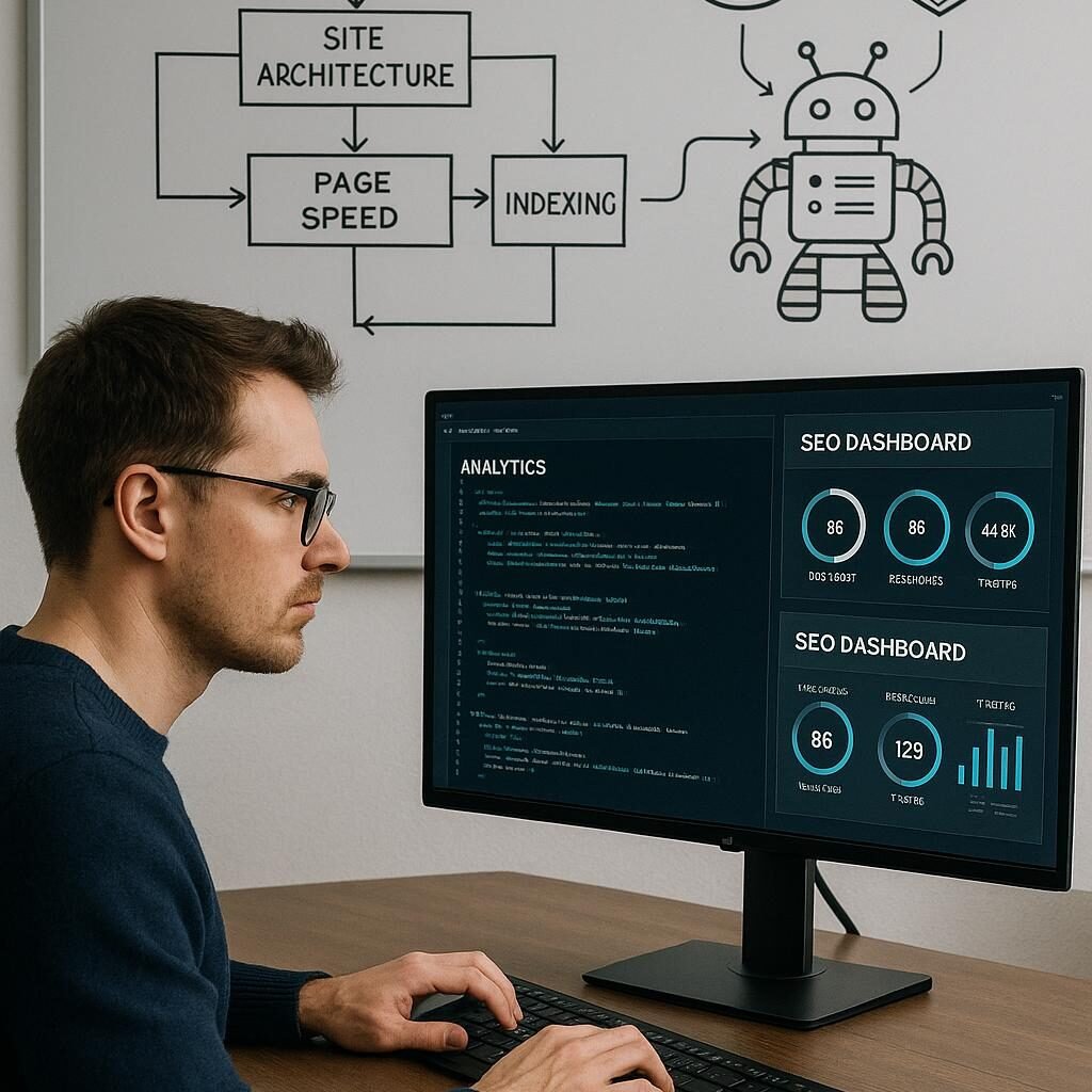 Ein Entwickler arbeitet an einem digitalen Arbeitsplatz mit Analysen, Code und SEO-Strategien, mit Whiteboards im Hintergrund. Credit: 404 Magazine (Tobias Hager)
