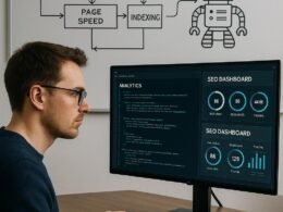 Ein Entwickler arbeitet an einem digitalen Arbeitsplatz mit Analysen, Code und SEO-Strategien, mit Whiteboards im Hintergrund. Credit: 404 Magazine (Tobias Hager)