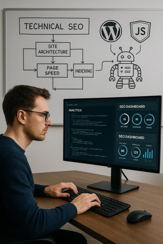 Ein Entwickler arbeitet an einem digitalen Arbeitsplatz mit Analysen, Code und SEO-Strategien, mit Whiteboards im Hintergrund. Credit: 404 Magazine (Tobias Hager)