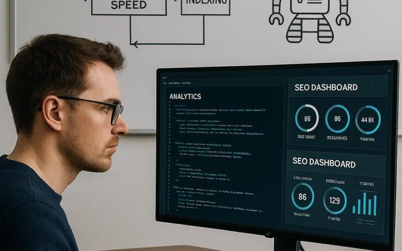 Ein Entwickler arbeitet an einem digitalen Arbeitsplatz mit Analysen, Code und SEO-Strategien, mit Whiteboards im Hintergrund. Credit: 404 Magazine (Tobias Hager)