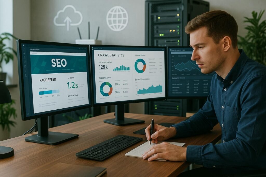 Modernes Mitarbeiter-Arbeitsplatzbild mit mehreren Monitoren, technischen Geräten und einem Fachmann bei der Arbeit, das die Welt der technischen SEO veranschaulicht.