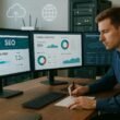 Modernes Mitarbeiter-Arbeitsplatzbild mit mehreren Monitoren, technischen Geräten und einem Fachmann bei der Arbeit, das die Welt der technischen SEO veranschaulicht.