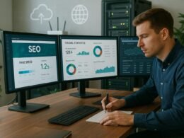 Modernes Mitarbeiter-Arbeitsplatzbild mit mehreren Monitoren, technischen Geräten und einem Fachmann bei der Arbeit, das die Welt der technischen SEO veranschaulicht.