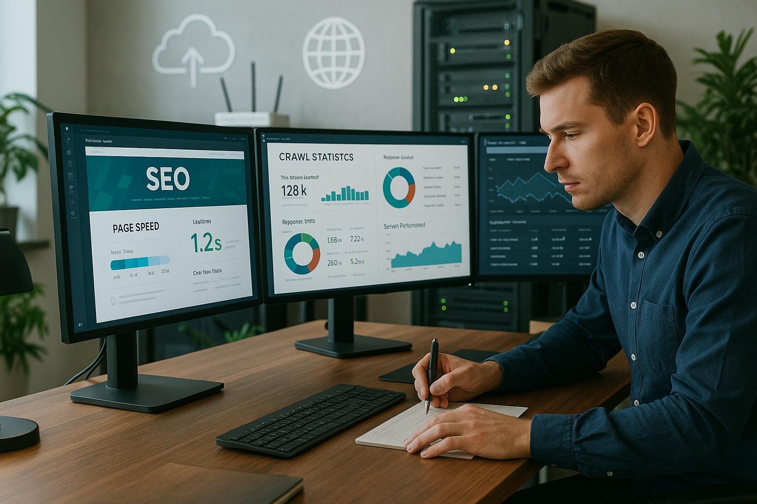 Modernes Mitarbeiter-Arbeitsplatzbild mit mehreren Monitoren, technischen Geräten und einem Fachmann bei der Arbeit, das die Welt der technischen SEO veranschaulicht.