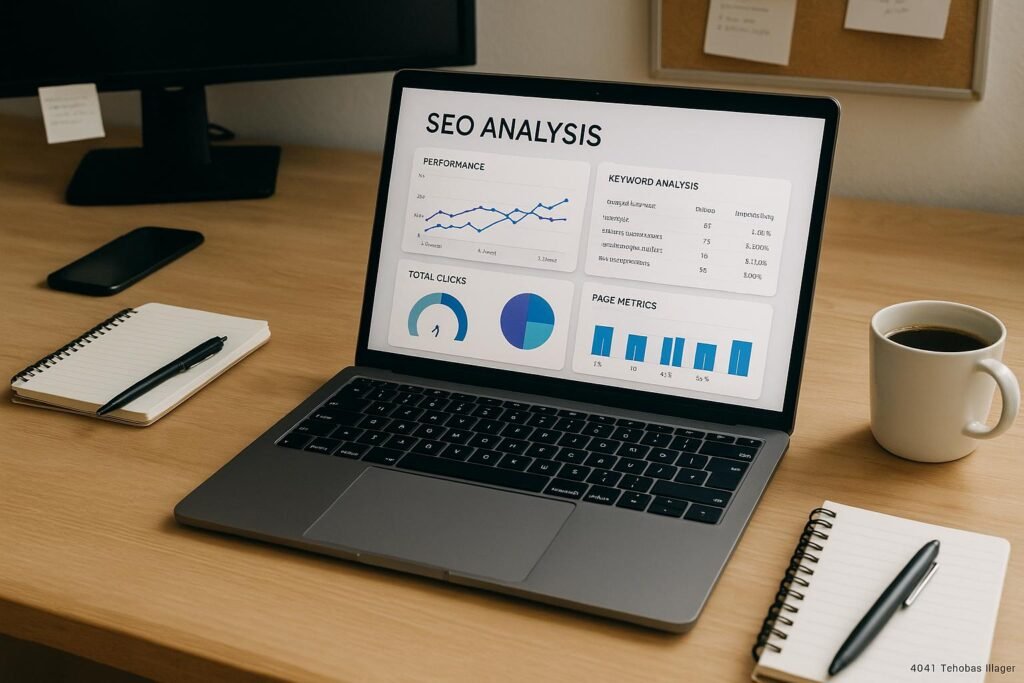 Moderner Arbeitsplatz mit Laptop, Notizblöcken, Kaffee und technischen Geräten, die SEO-Analysen mit kostenlosen Tools zeigen