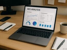 Moderner Arbeitsplatz mit Laptop, Notizblöcken, Kaffee und technischen Geräten, die SEO-Analysen mit kostenlosen Tools zeigen