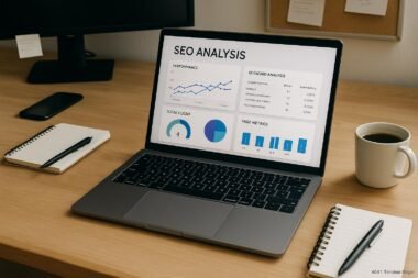 Moderner Arbeitsplatz mit Laptop, Notizblöcken, Kaffee und technischen Geräten, die SEO-Analysen mit kostenlosen Tools zeigen