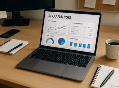 Moderner Arbeitsplatz mit Laptop, Notizblöcken, Kaffee und technischen Geräten, die SEO-Analysen mit kostenlosen Tools zeigen