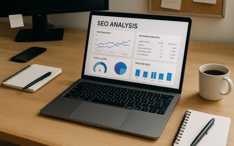 Moderner Arbeitsplatz mit Laptop, Notizblöcken, Kaffee und technischen Geräten, die SEO-Analysen mit kostenlosen Tools zeigen