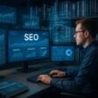 Modernes Büro mit Computerbildschirmen, die SEO-Daten und Performance-Analysen zeigen, umgeben von digitalen Tools und Fachbüchern