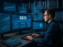 Modernes Büro mit Computerbildschirmen, die SEO-Daten und Performance-Analysen zeigen, umgeben von digitalen Tools und Fachbüchern