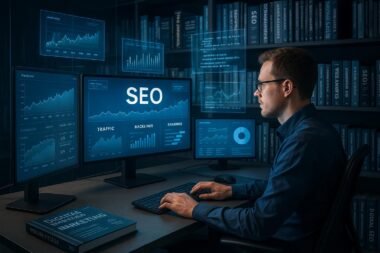 Modernes Büro mit Computerbildschirmen, die SEO-Daten und Performance-Analysen zeigen, umgeben von digitalen Tools und Fachbüchern