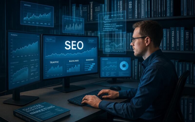 Modernes Büro mit Computerbildschirmen, die SEO-Daten und Performance-Analysen zeigen, umgeben von digitalen Tools und Fachbüchern