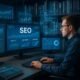 Modernes Büro mit Computerbildschirmen, die SEO-Daten und Performance-Analysen zeigen, umgeben von digitalen Tools und Fachbüchern