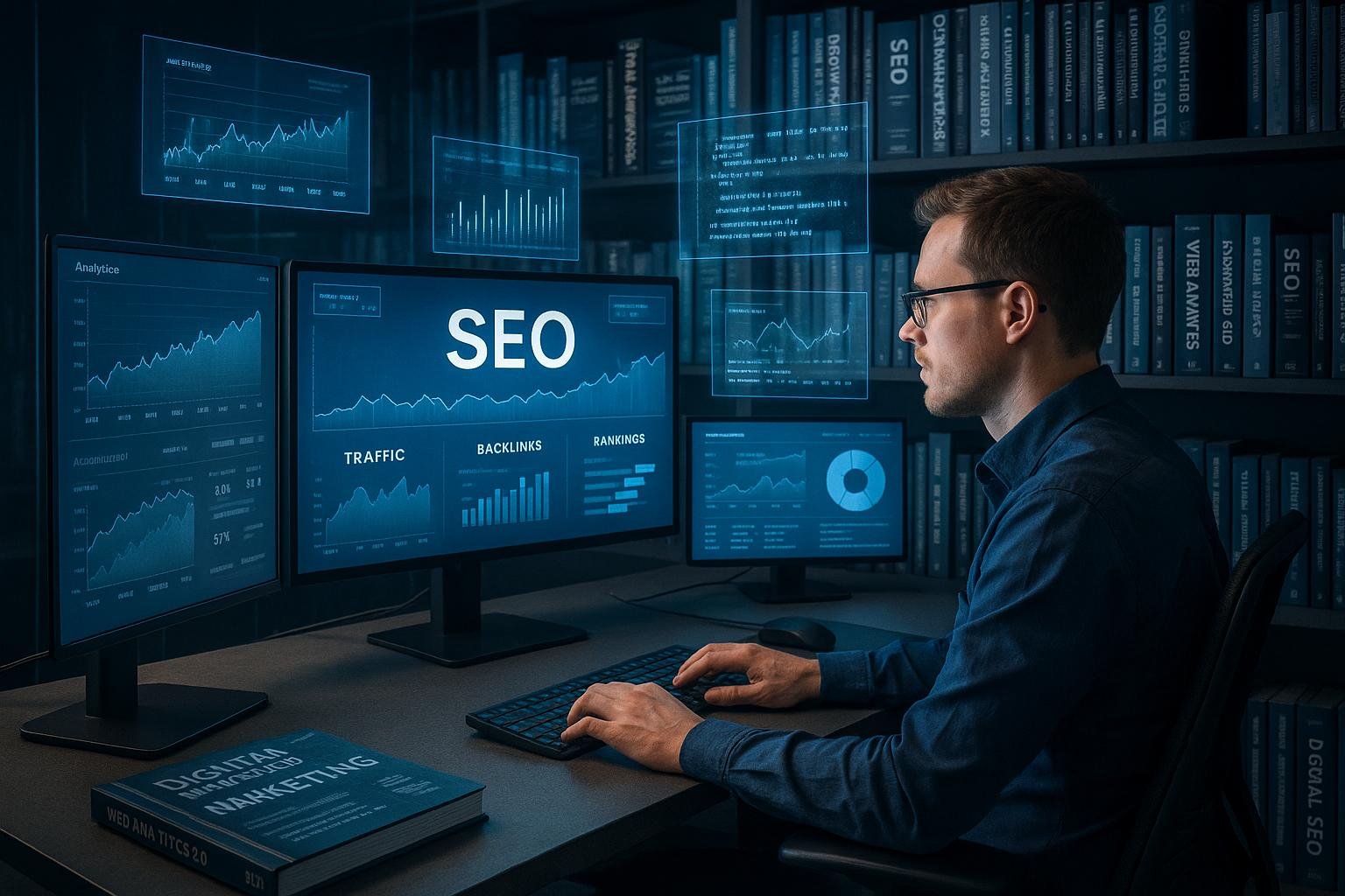 Modernes Büro mit Computerbildschirmen, die SEO-Daten und Performance-Analysen zeigen, umgeben von digitalen Tools und Fachbüchern
