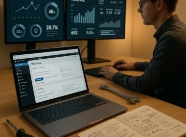 Moderner Arbeitsplatz mit Laptop, Monitoren, Werkzeugen und einer Person, die technische SEO-Daten analysiert