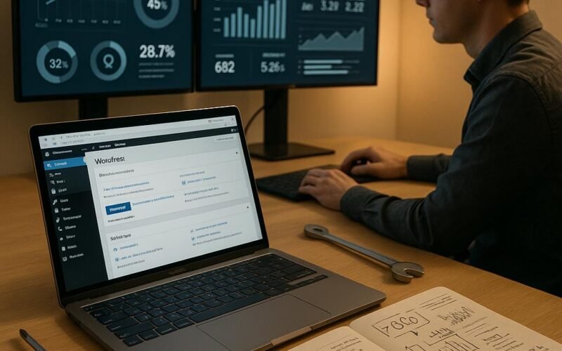 Moderner Arbeitsplatz mit Laptop, Monitoren, Werkzeugen und einer Person, die technische SEO-Daten analysiert