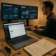 Moderner Arbeitsplatz mit Laptop, Monitoren, Werkzeugen und einer Person, die technische SEO-Daten analysiert