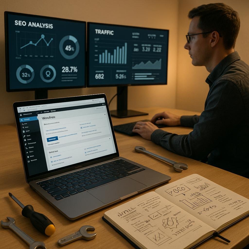 Moderner Arbeitsplatz mit Laptop, Monitoren, Werkzeugen und einer Person, die technische SEO-Daten analysiert