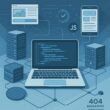 Modernes technisches Blog-Design mit Laptop, Servern, Netzwerkkabeln, Smartphone-Displays und JavaScript-Icons, dargestellt in futuristischer Farbpalette