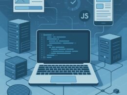 Modernes technisches Blog-Design mit Laptop, Servern, Netzwerkkabeln, Smartphone-Displays und JavaScript-Icons, dargestellt in futuristischer Farbpalette