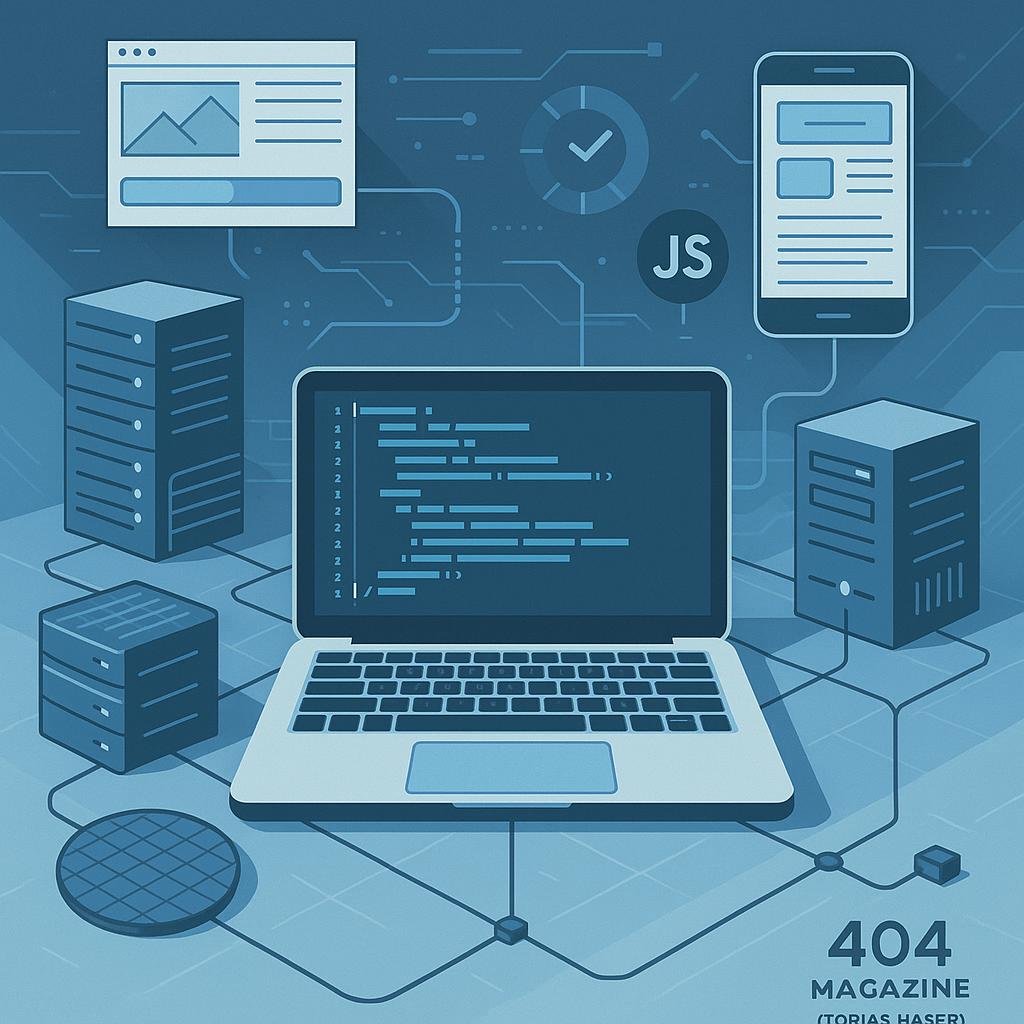 Modernes technisches Blog-Design mit Laptop, Servern, Netzwerkkabeln, Smartphone-Displays und JavaScript-Icons, dargestellt in futuristischer Farbpalette