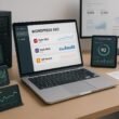 Aufgeschlagenes Laptop mit SEO-Dashboard, technische Komponenten, Diagramme und Analyse-Tools auf einem sauberen Arbeitsplatz, geeignet für professionelles WordPress SEO-Setup.