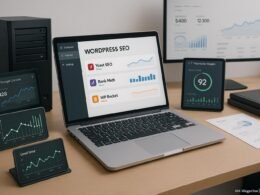 Aufgeschlagenes Laptop mit SEO-Dashboard, technische Komponenten, Diagramme und Analyse-Tools auf einem sauberen Arbeitsplatz, geeignet für professionelles WordPress SEO-Setup.